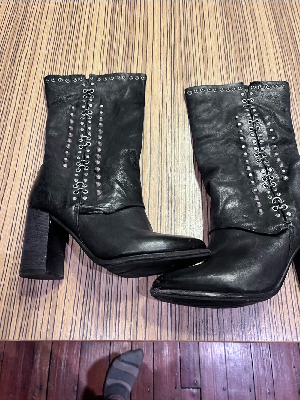 Black Stud-Embellished Leather Mid-Calf Heeled Boots